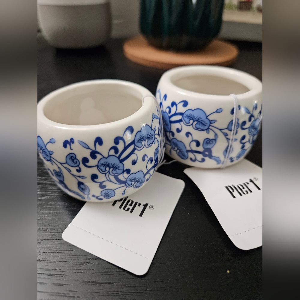 Pier 1 Blue Porcelain Floral Napkin Rings Pair